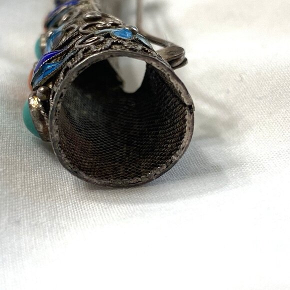 Antique Chinese Brooch Finger Nail Guard Pin Turquoise Coral Silver Mesh Asian - Picture 11 of 13